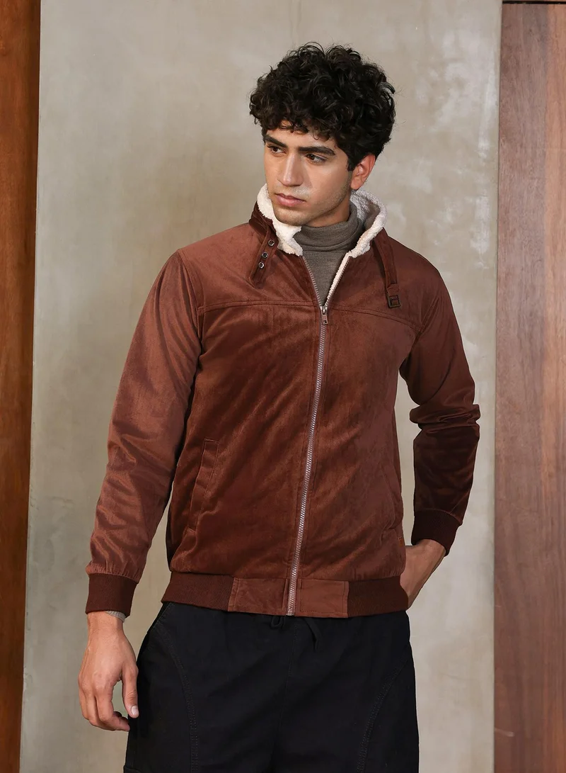 Campus Sutra Men's Chocolate Brown Contrast Sherpa-Lined Suede Bomber Jacket | Point Collar , Ribbed Cuff Sleeves , Zipper  Closure , Ribbed-Straight Hem | Solid Textured For Casual & Daily Wear